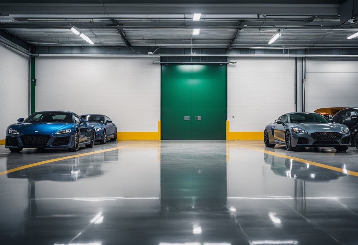 A spacious, modern garage with glossy, seamless epoxy flooring, reflecting overhead lights and providing a clean, durable surface for vehicles and storage