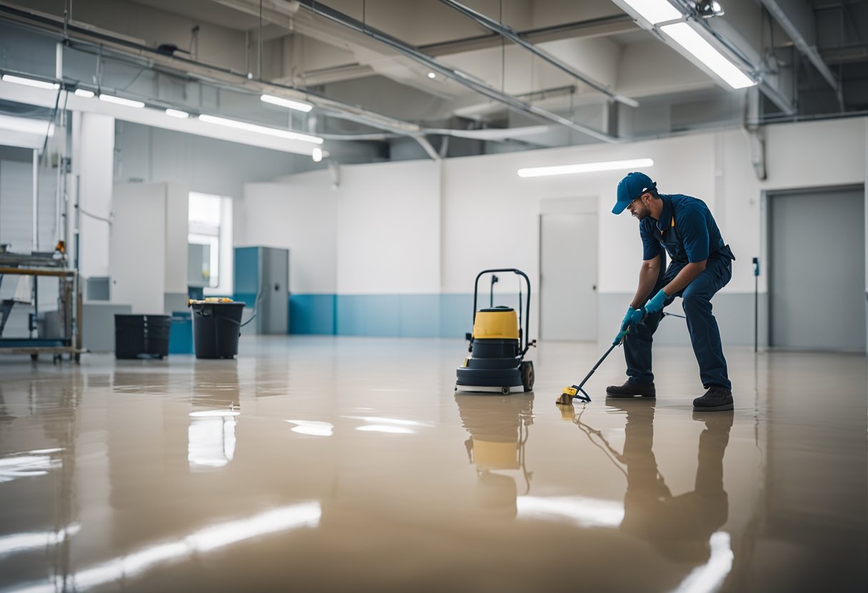 A professional applying epoxy flooring in a clean, well-lit space with tools and materials neatly organized around them