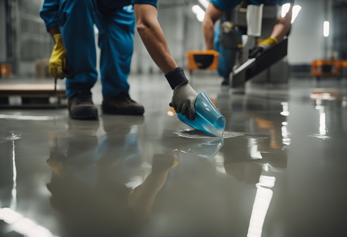 A team of workers pours and spreads epoxy resin onto a concrete floor, creating a smooth, glossy surface in a commercial building