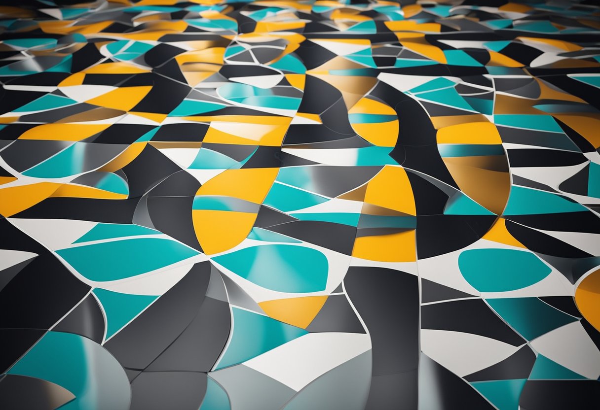 A modern, sleek epoxy flooring design with geometric patterns and vibrant colors, reflecting a contemporary and stylish aesthetic
