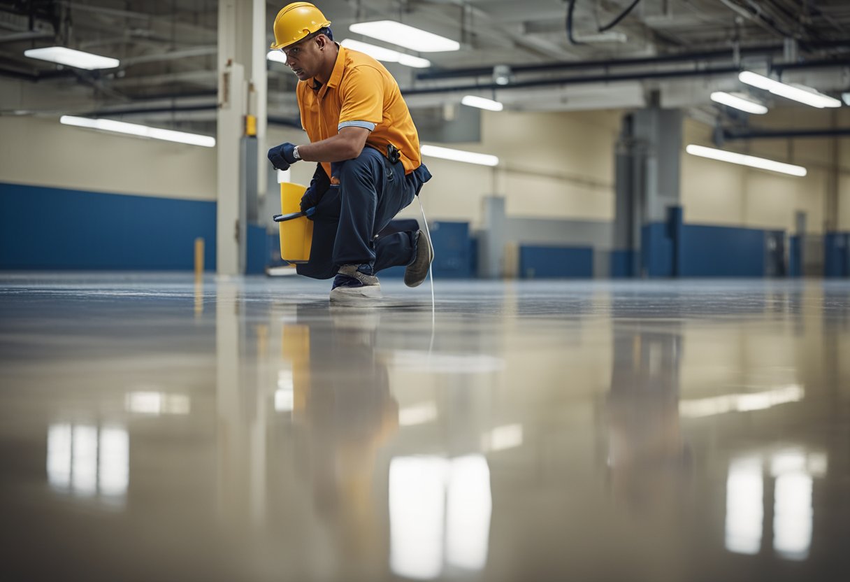 A maintenance worker applies epoxy coating to a clean, smooth floor surface in Bethel Park