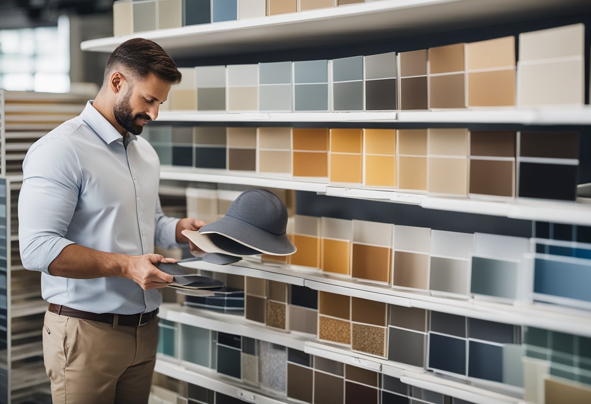 A contractor carefully selecting epoxy flooring samples in a well-lit showroom, surrounded by various color swatches and material options