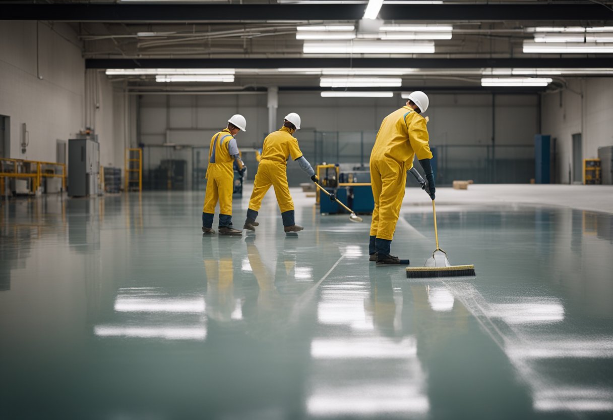 A team of workers applies epoxy coating to a concrete floor, using rollers and brushes. The floor is smooth and shiny, with a professional finish