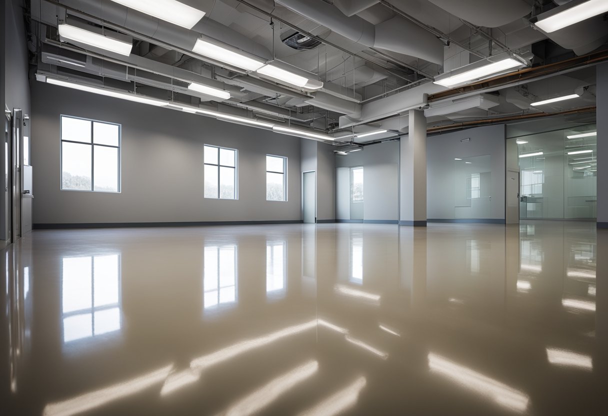 A clean, modern office space with a glossy epoxy floor. A sign on the wall reads "Frequently Asked Questions Bethel Park Epoxy Flooring." Light streams in from large windows, illuminating the space