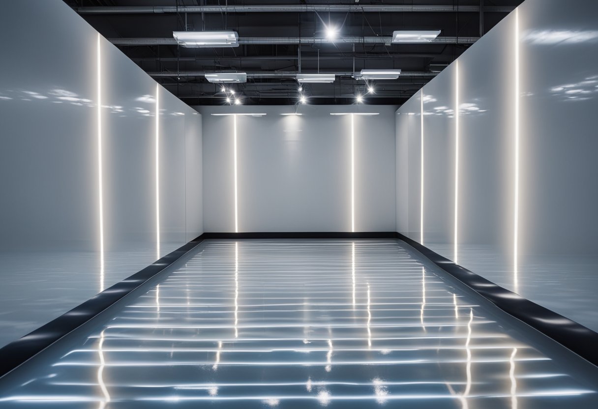 A sleek, glossy epoxy floor shines under bright lights, reflecting a modern, clean space with a professional finish