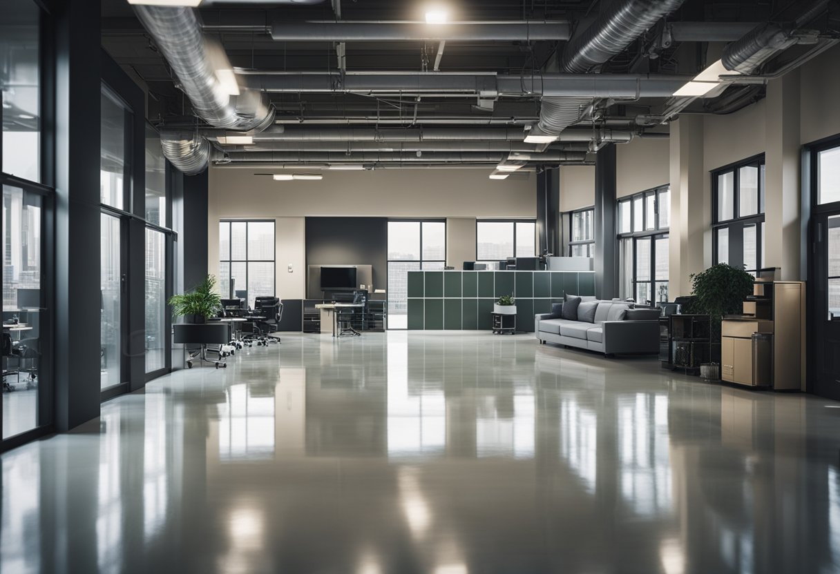 A spacious commercial area with a smooth, glossy epoxy floor. Equipment and furniture are neatly arranged, with a clean and professional aesthetic