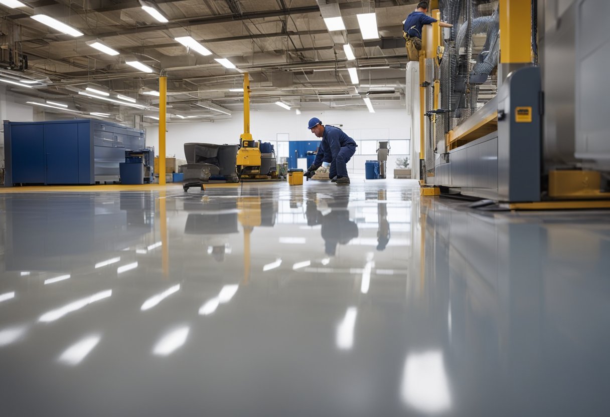 A team installs and customizes Baldwin epoxy flooring, using tools and materials to create a smooth, durable surface in a commercial or residential space