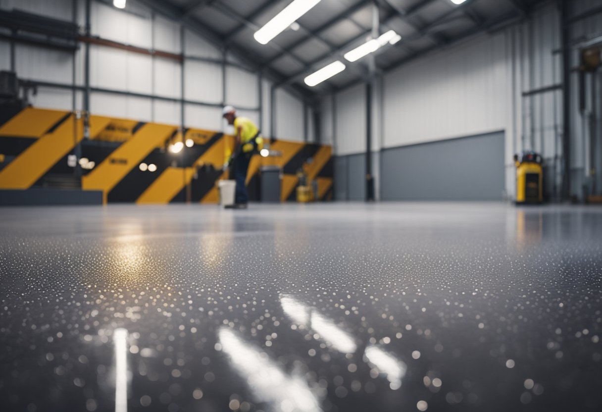 A garage floor being coated with Baldwin Epoxy Flooring, showing the application process and materials used