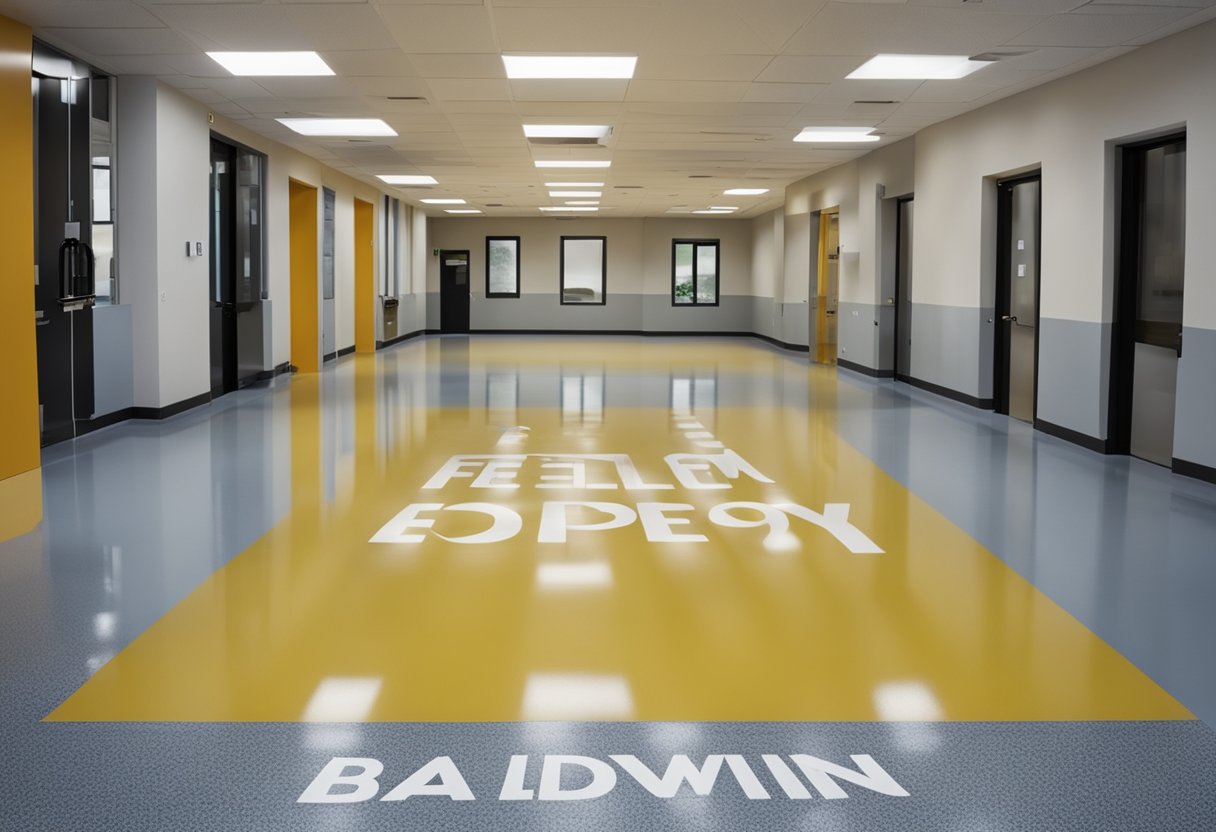 A clean, modern space with a glossy epoxy floor. A sign reads "Frequently Asked Questions Baldwin Epoxy Flooring" with a list of inquiries below