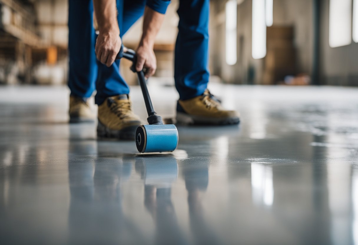 A worker applies epoxy coating to a concrete floor, using a roller to ensure even coverage. Tools and materials are neatly organized nearby