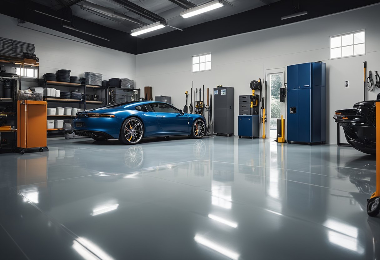 A clean, modern garage with glossy, seamless epoxy flooring. Tools and equipment neatly organized on the walls. Bright lighting highlights the durable, easy-to-clean surface