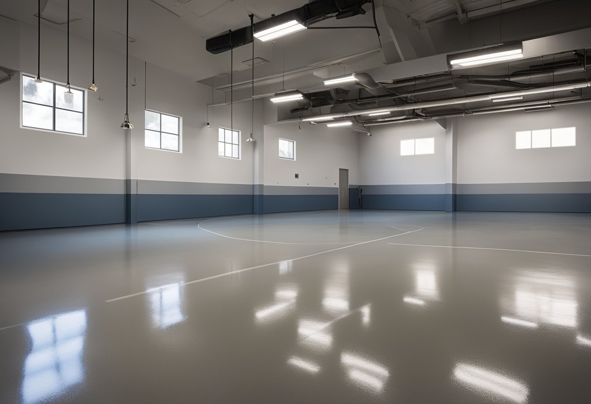 A clean, modern garage floor with a glossy, seamless epoxy coating in Highland Park. Subtle color variations and a smooth, reflective surface