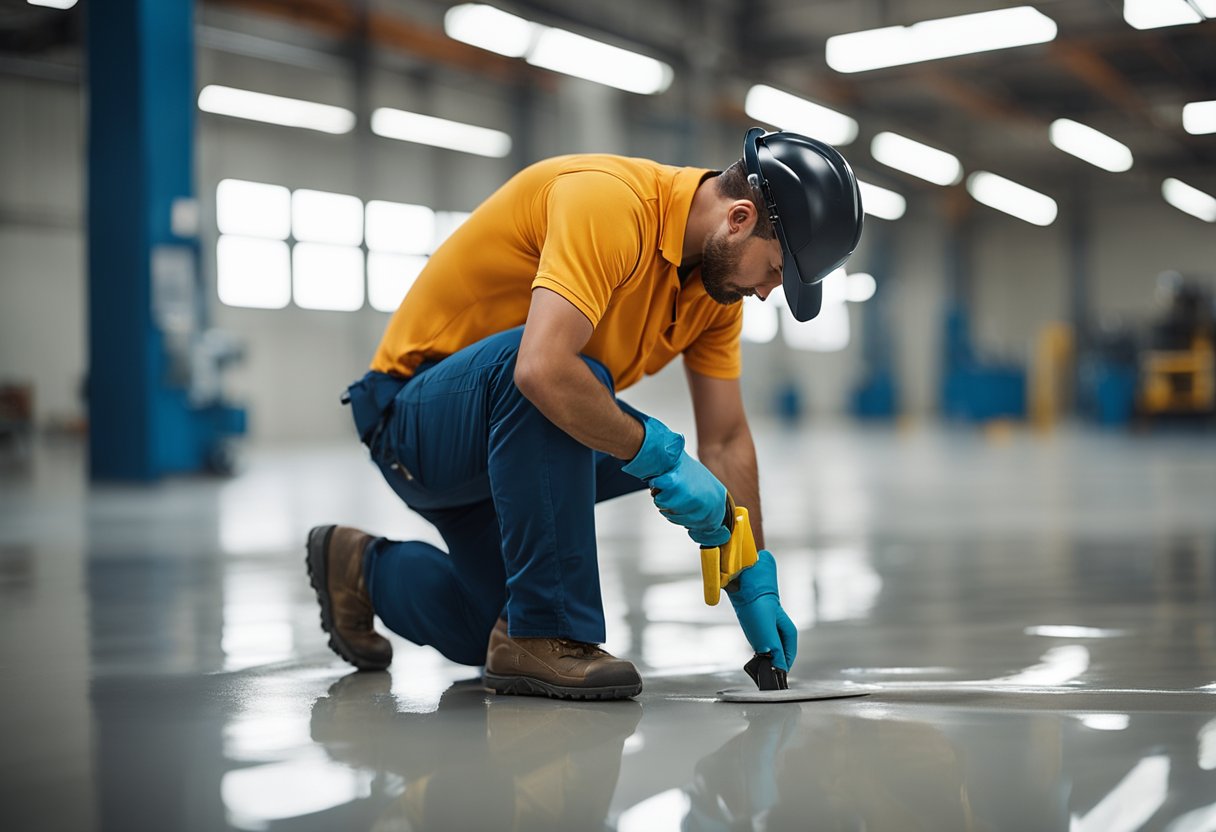 A worker applies epoxy coating to a concrete floor in a spacious, well-lit room. Tools and materials are neatly organized nearby