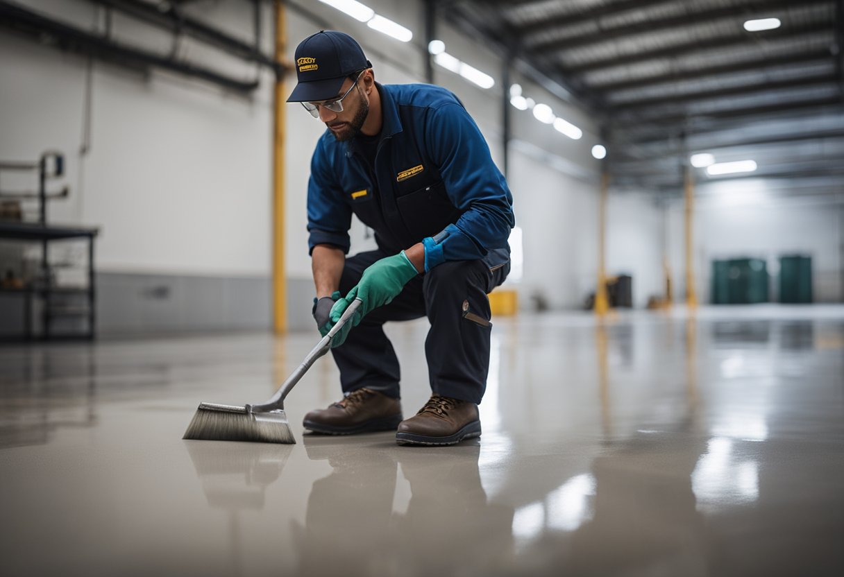 A maintenance worker applies a protective coating to a concrete floor, ensuring a smooth and glossy finish for Highland Park Epoxy Flooring