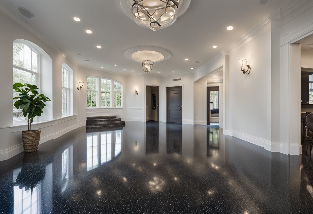 A spacious room with a glossy, seamless epoxy floor in a Highland Park home, featuring a sign with "Frequently Asked Questions Highland Park Epoxy Flooring" displayed prominently