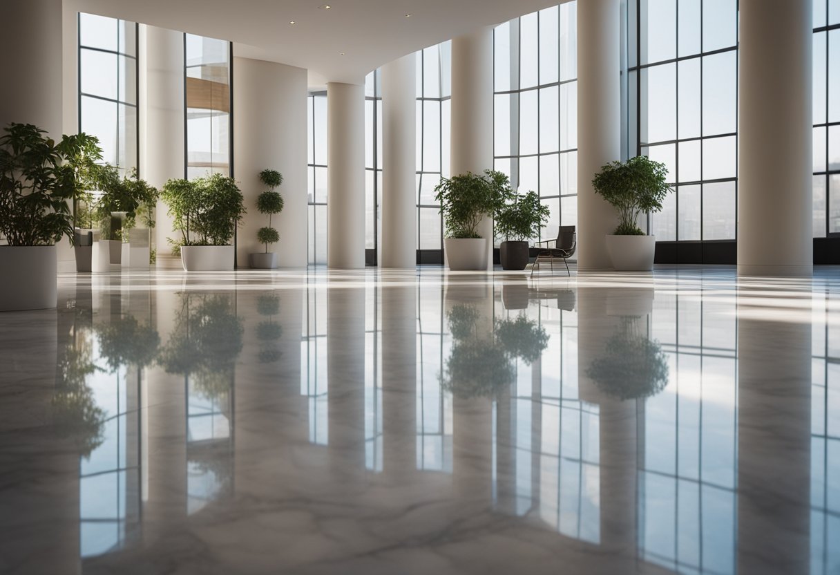 A smooth, glossy floor with a marble-like finish, reflecting the light in a bright, modern space