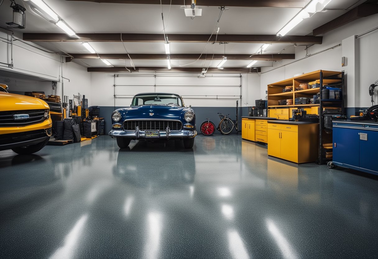 A spacious garage with a glossy, seamless epoxy floor in Penn Hills. Tools neatly organized on the walls, and a car parked in the center
