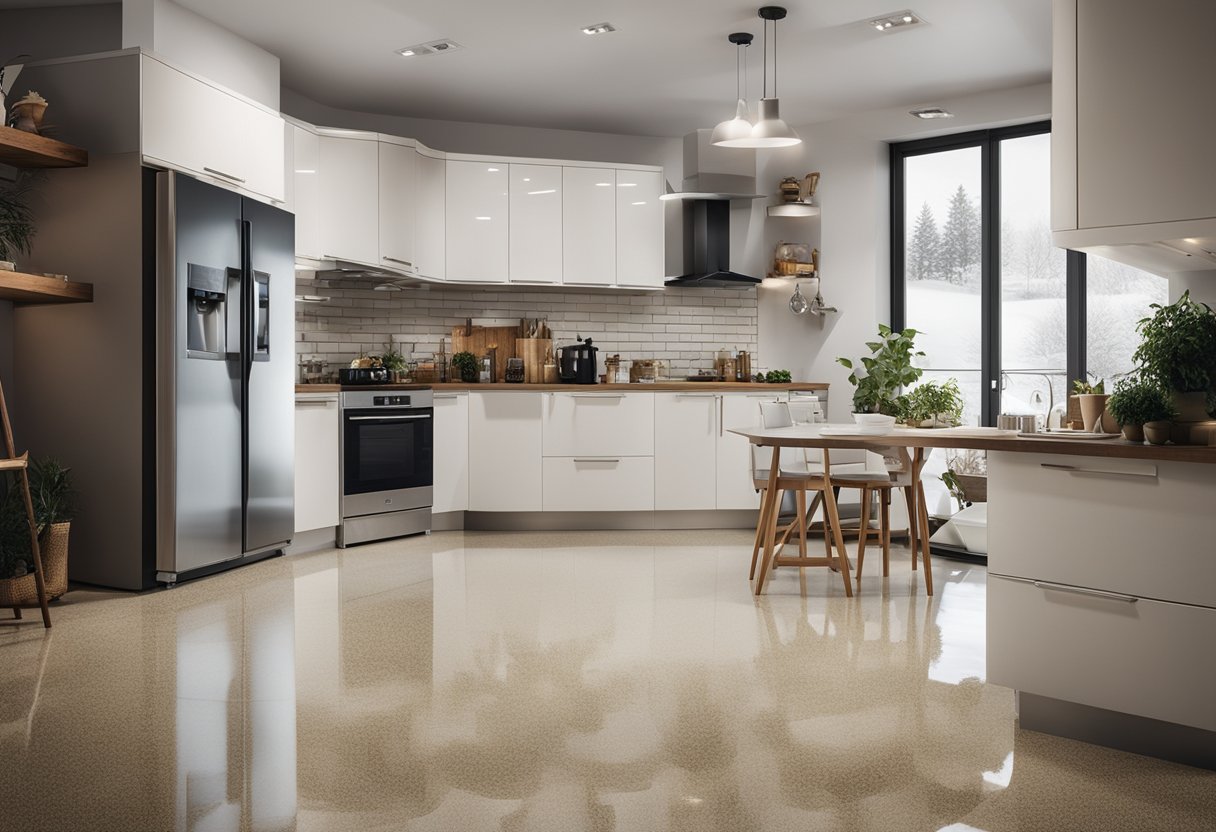 A garage, kitchen, and living room with shiny epoxy flooring in Mt. Lebanon