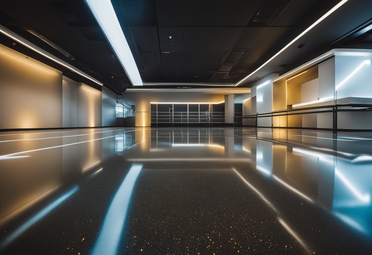 A smooth, glossy epoxy floor shines under bright lights, reflecting the surrounding space. The floor is impeccably finished, with no visible imperfections