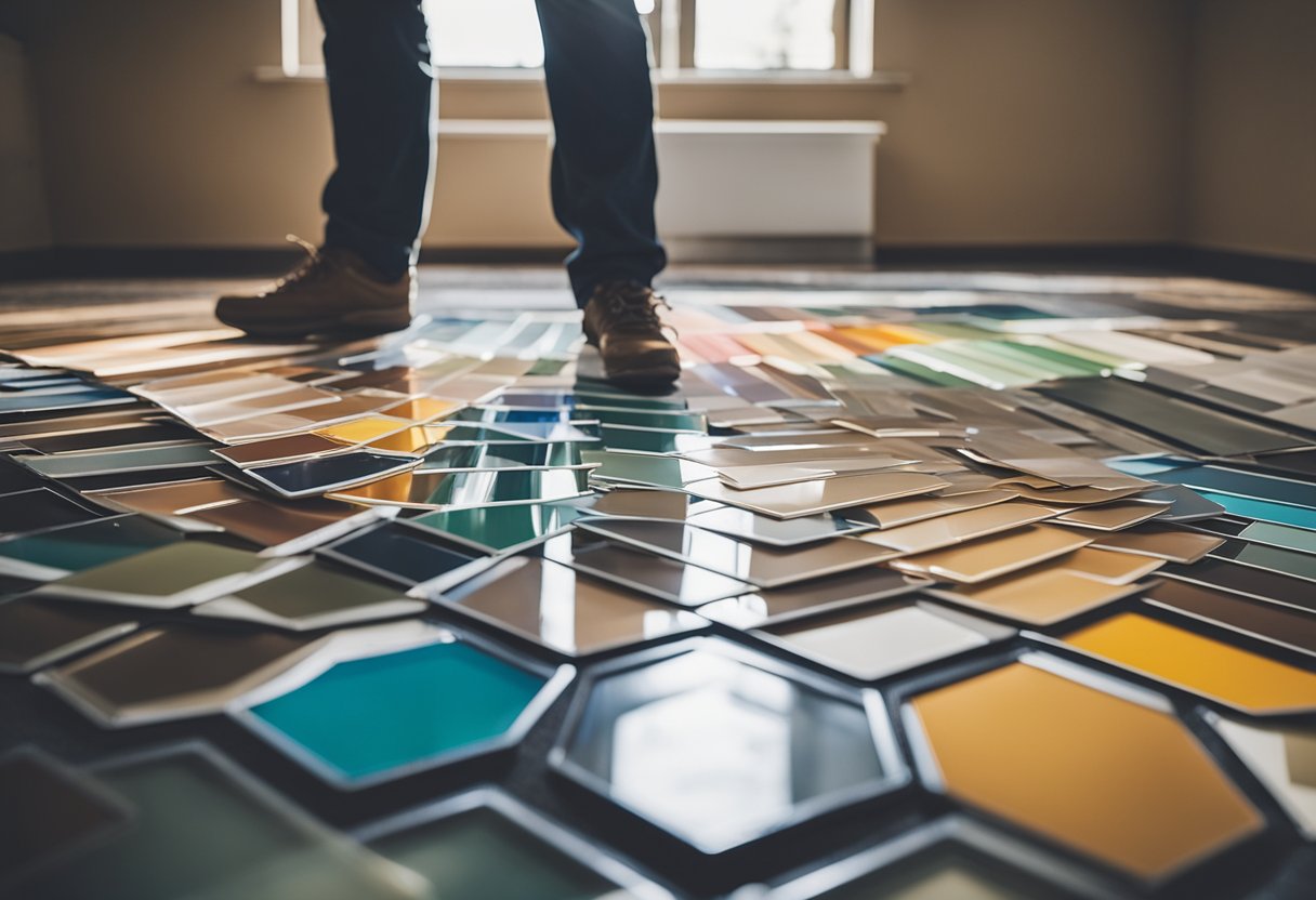 A homeowner in Penn Hills selects epoxy floor options from a guide, surrounded by color swatches and samples