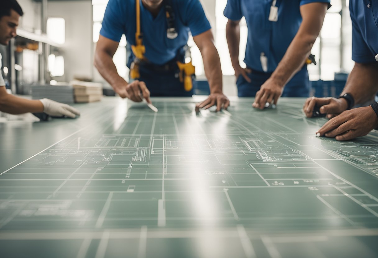 A team of workers lays out plans and calculates costs for a Penn Hills Epoxy Flooring project