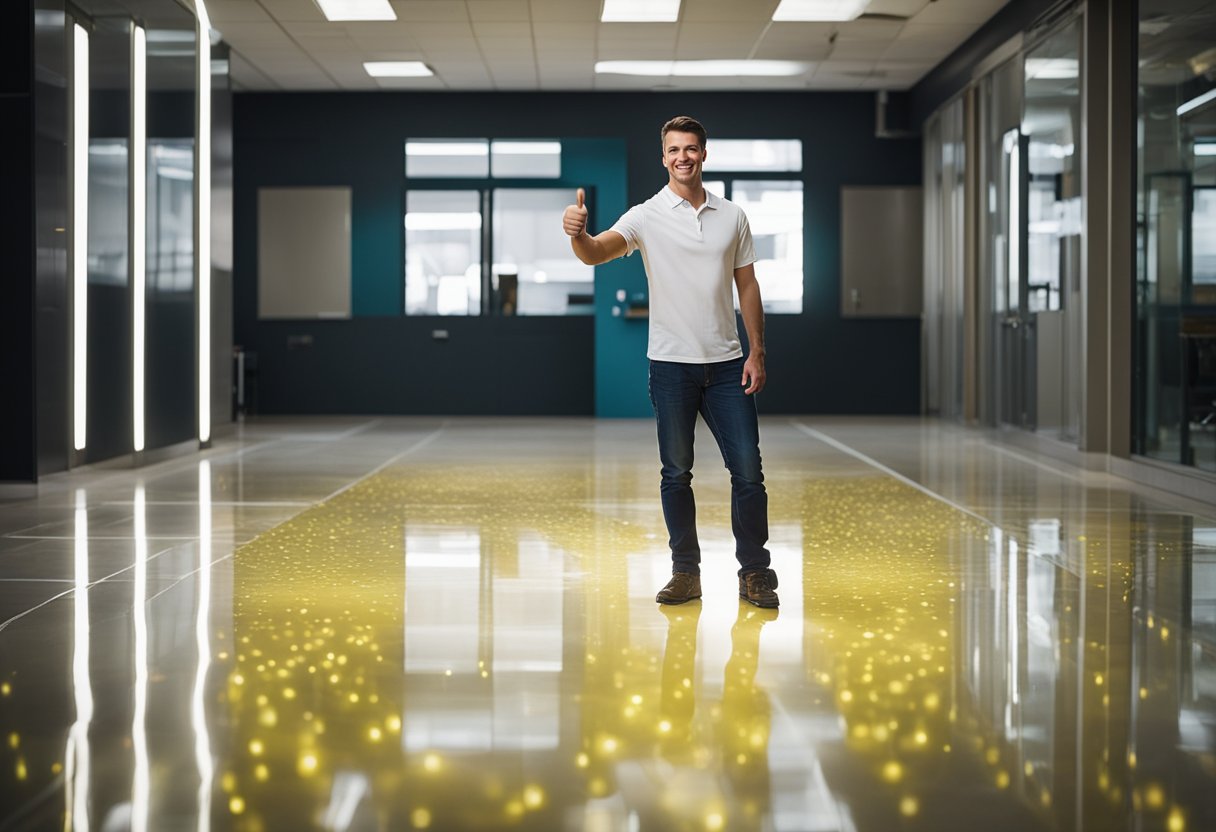 A smiling customer gives a thumbs-up next to a glowing epoxy floor. Five-star reviews and positive comments surround the scene