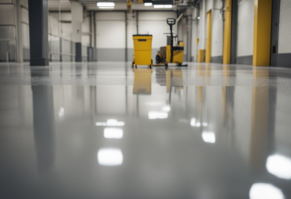 A clean, modern epoxy floor in a spacious room with professional tools and materials displayed, showcasing the expertise of Penn Hills Epoxy Flooring