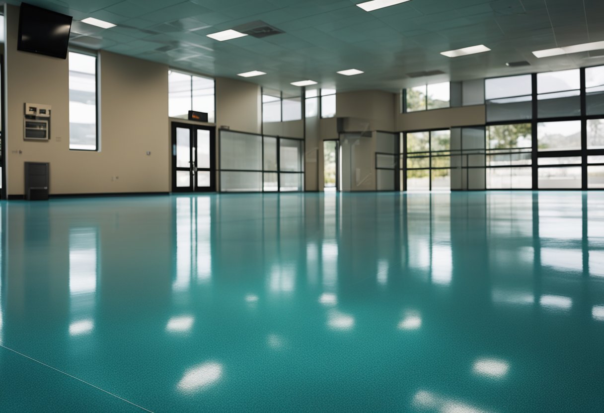 A smooth, glossy epoxy floor in a modern Penn Hills setting, with clean lines and a professional finish