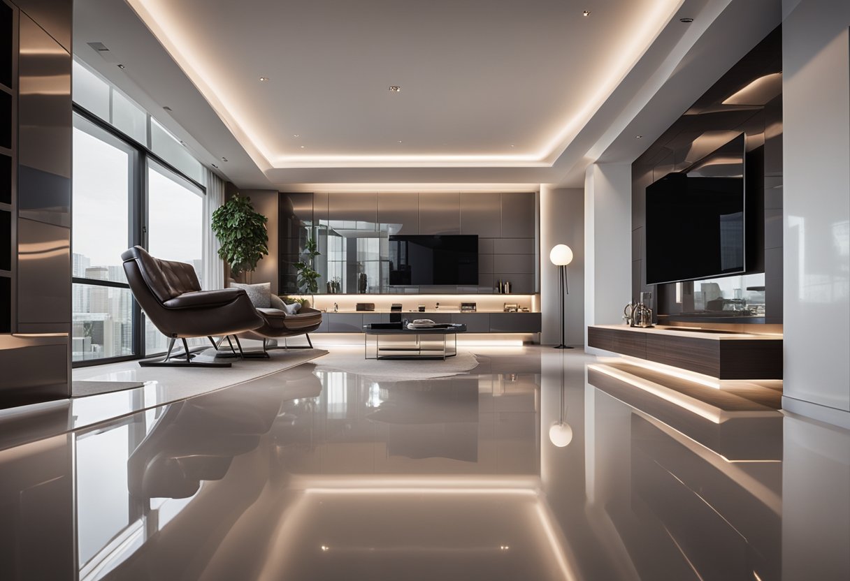 A modern living room with sleek, glossy epoxy flooring, reflecting ambient light and adding a touch of sophistication to the space