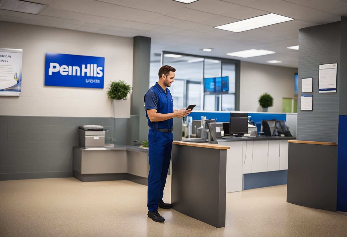 A customer service representative at Penn Hills Epoxy Flooring stands by the phone, ready to assist. The company logo is prominently displayed, and the office is clean and professional