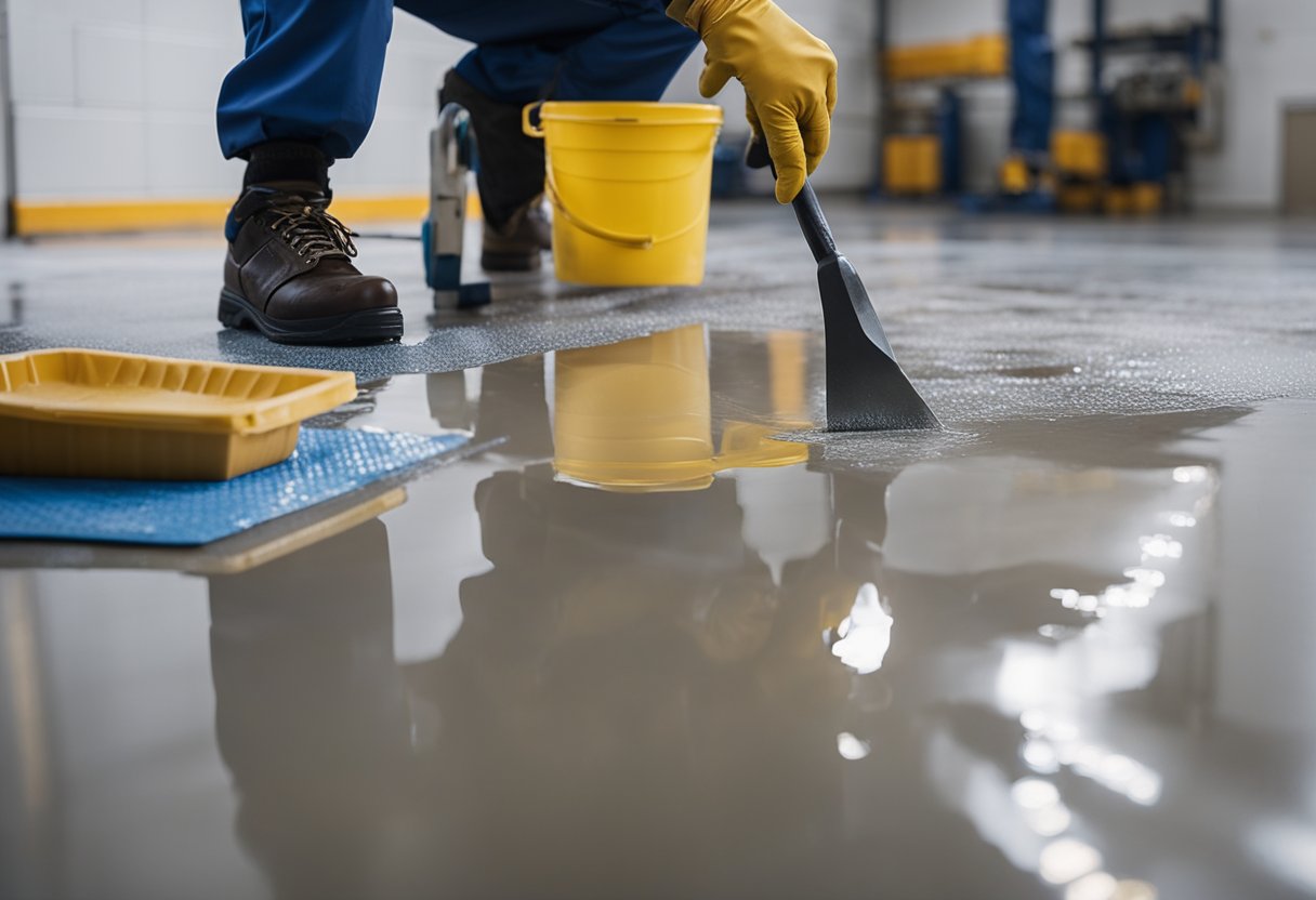 A technician applies epoxy resin to a damaged area of a glossy floor, smoothing it out with a trowel. A bucket of epoxy sits nearby, along with various tools and safety equipment