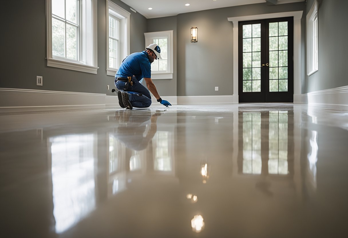 A professional flooring contractor carefully applies epoxy to a sleek, modern floor in a Mt. Lebanon home