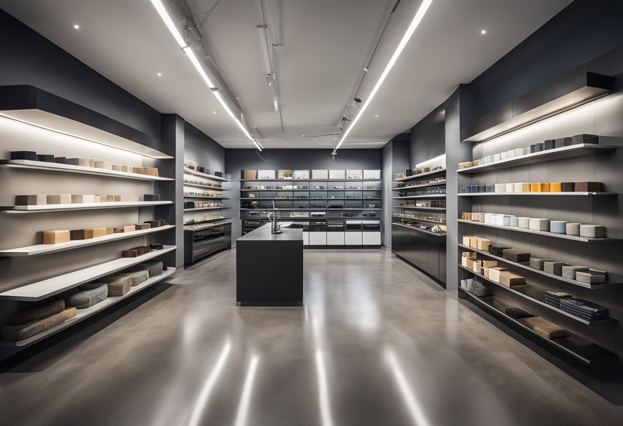 A spacious showroom with polished concrete floors, shelves displaying various epoxy flooring samples, and a team of professionals assisting customers