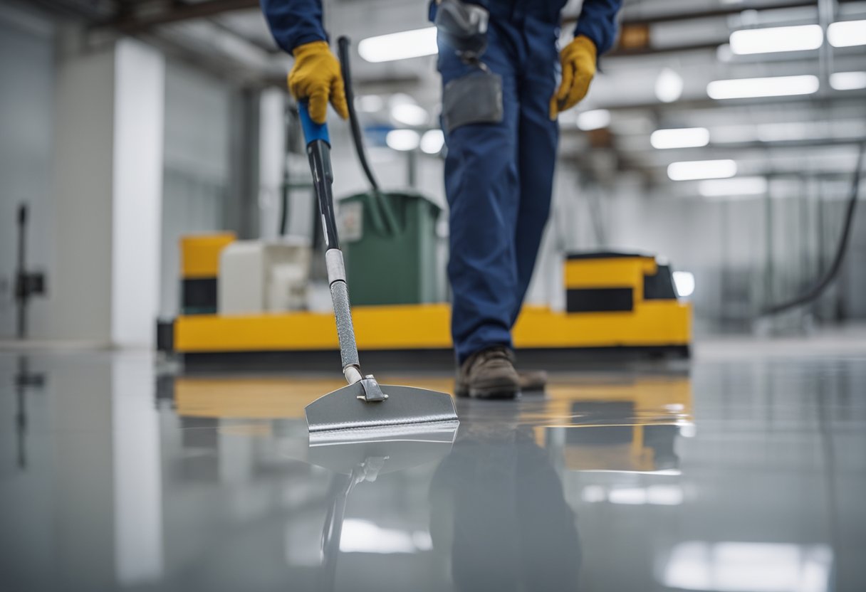 A worker is applying epoxy flooring to a clean, level surface using a trowel and roller, then finishing with a smooth, glossy topcoat