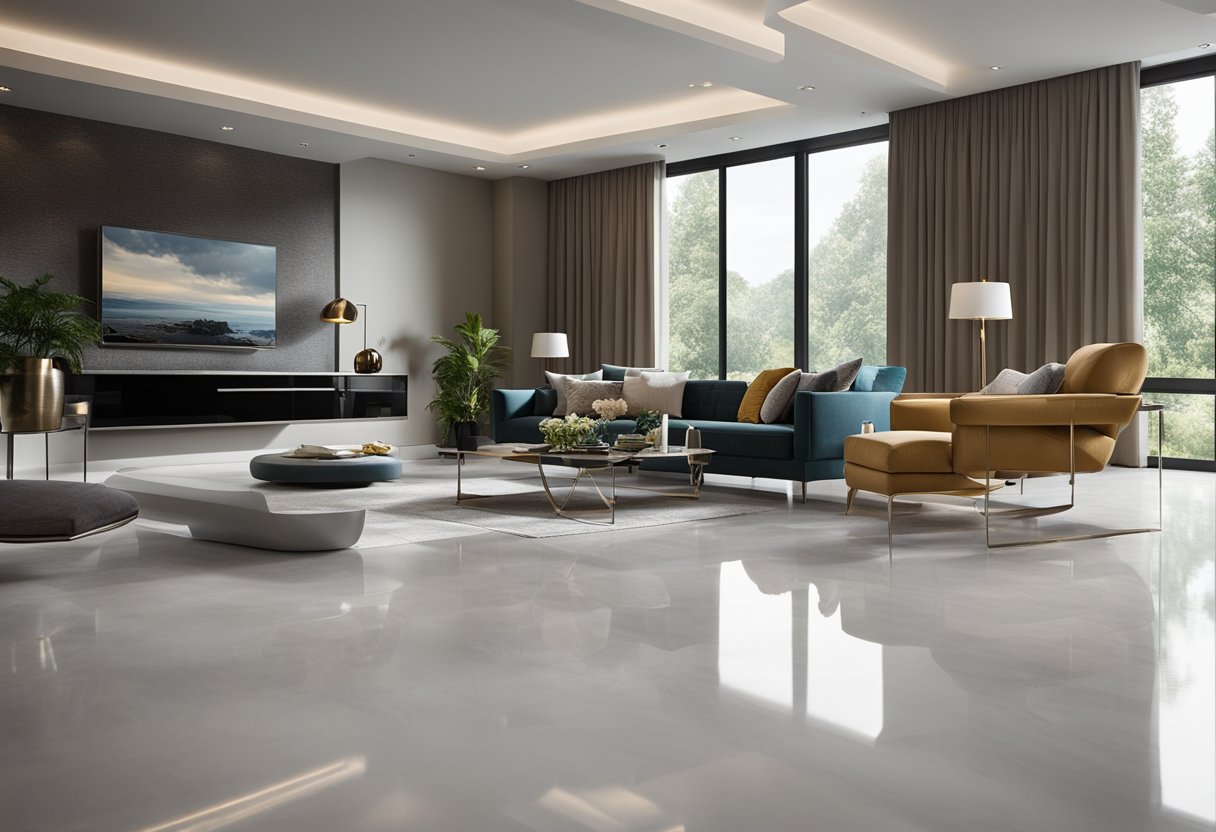 A living room with modern furniture and epoxy flooring in Penn Hills, showcasing the area-specific flooring's durability and aesthetic appeal