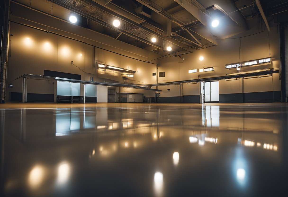 A smooth, glossy epoxy floor shines under bright lighting, reflecting the surrounding environment with a sleek, modern finish