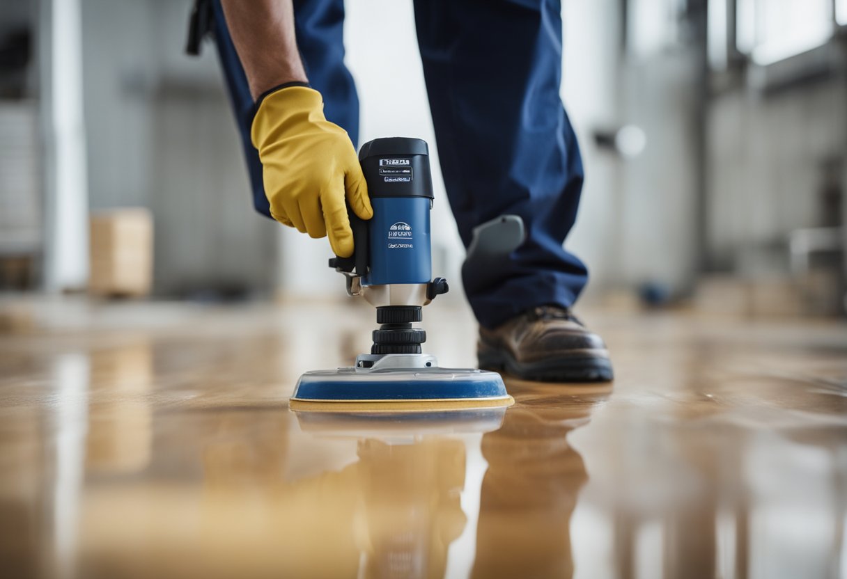 A worker smoothly applies epoxy to a beechwood floor, creating a glossy, durable finish