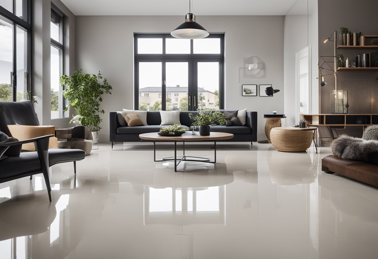 A spacious, modern living room with a glossy, seamless epoxy floor. Natural light floods in, showcasing the floor's durability and sleek finish