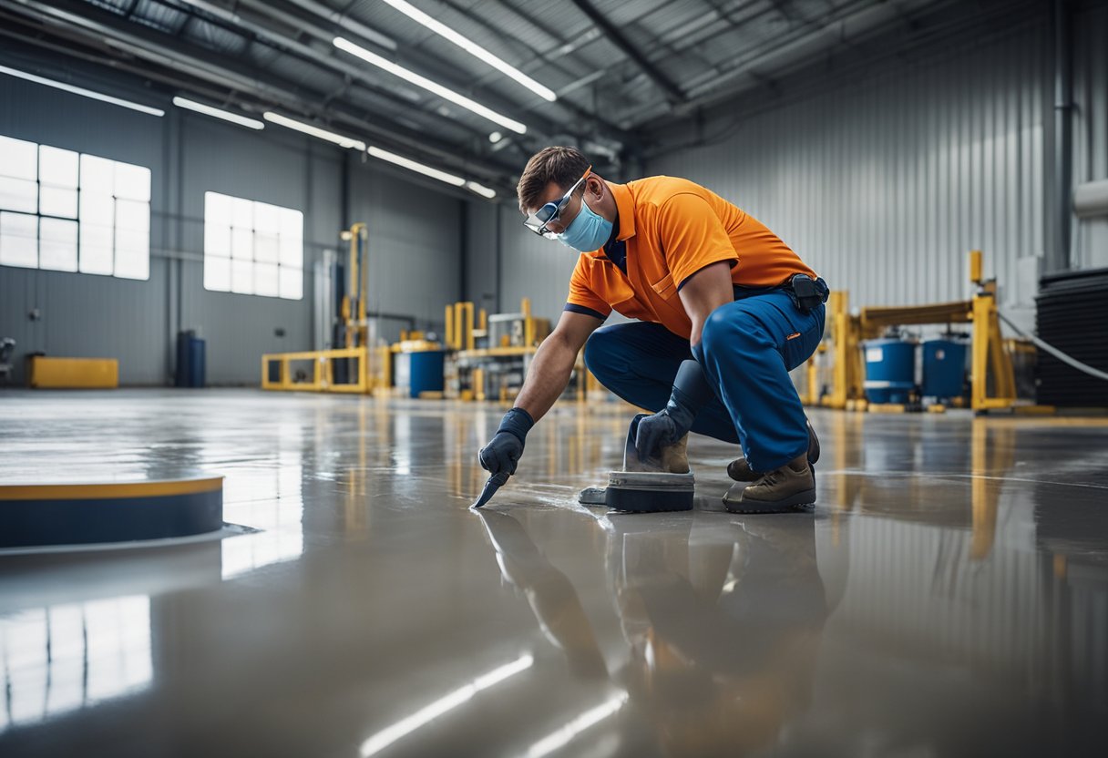 A worker applies epoxy coating to a floor in a modern space with industrial equipment and tools nearby