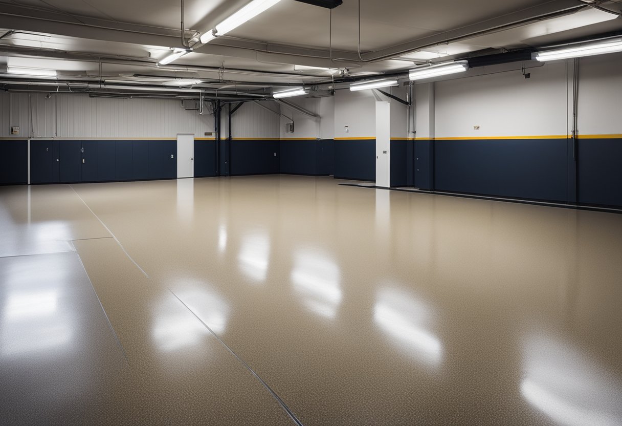 A spacious garage with freshly installed Beechview Epoxy Flooring, showing a glossy and smooth surface with a hint of color variation