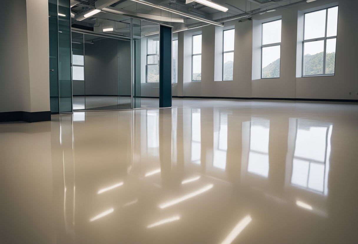 A spacious room with a glossy, seamless epoxy floor in Mt. Lebanon. Light reflects off the smooth surface, showcasing the investment in quality flooring