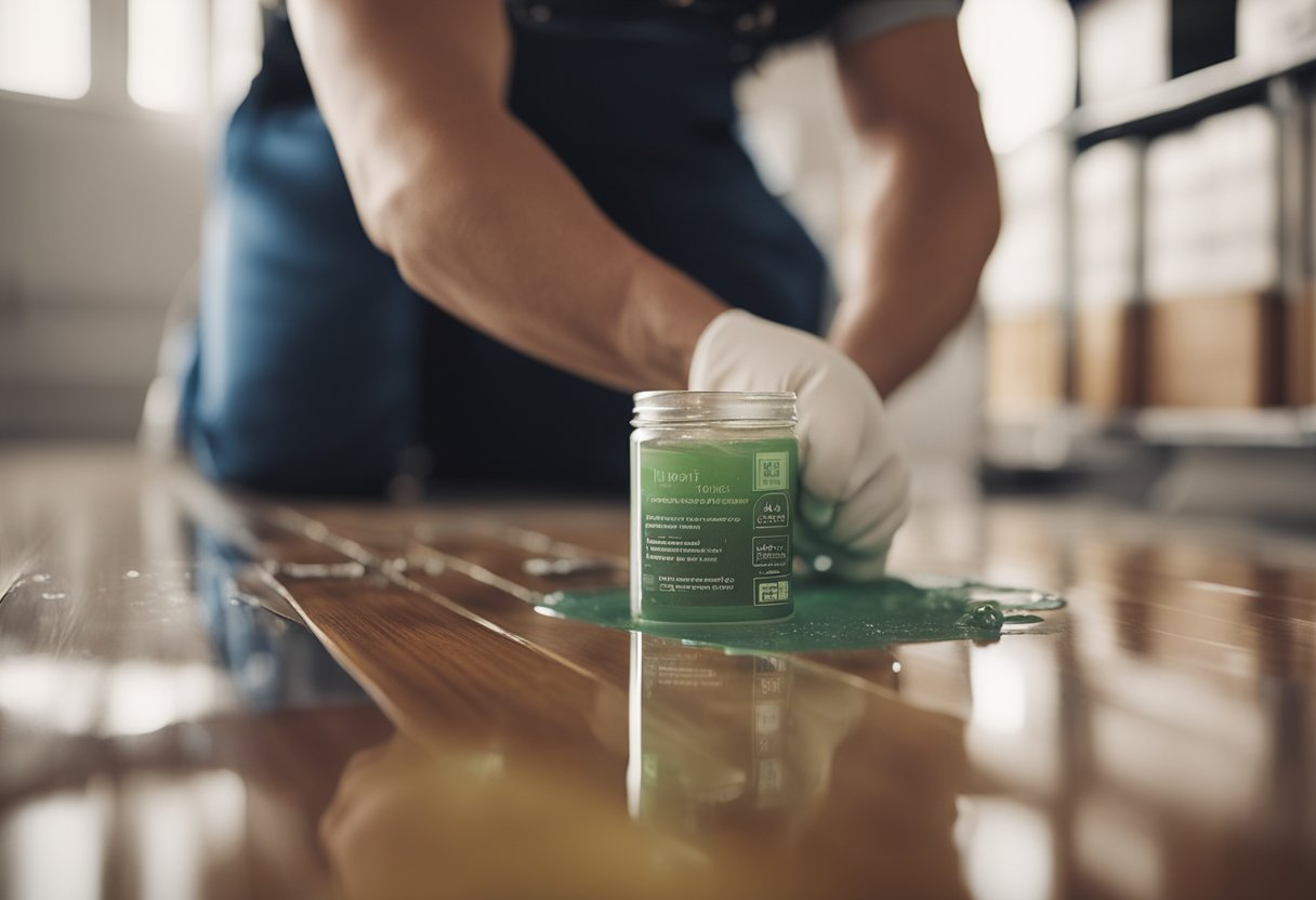 A person carefully selects epoxy from various options for a beechwood flooring project