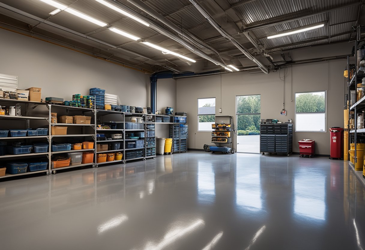 A spacious garage with shiny epoxy flooring, labeled "Beechview Epoxy Flooring." Equipment and tools neatly organized along the walls