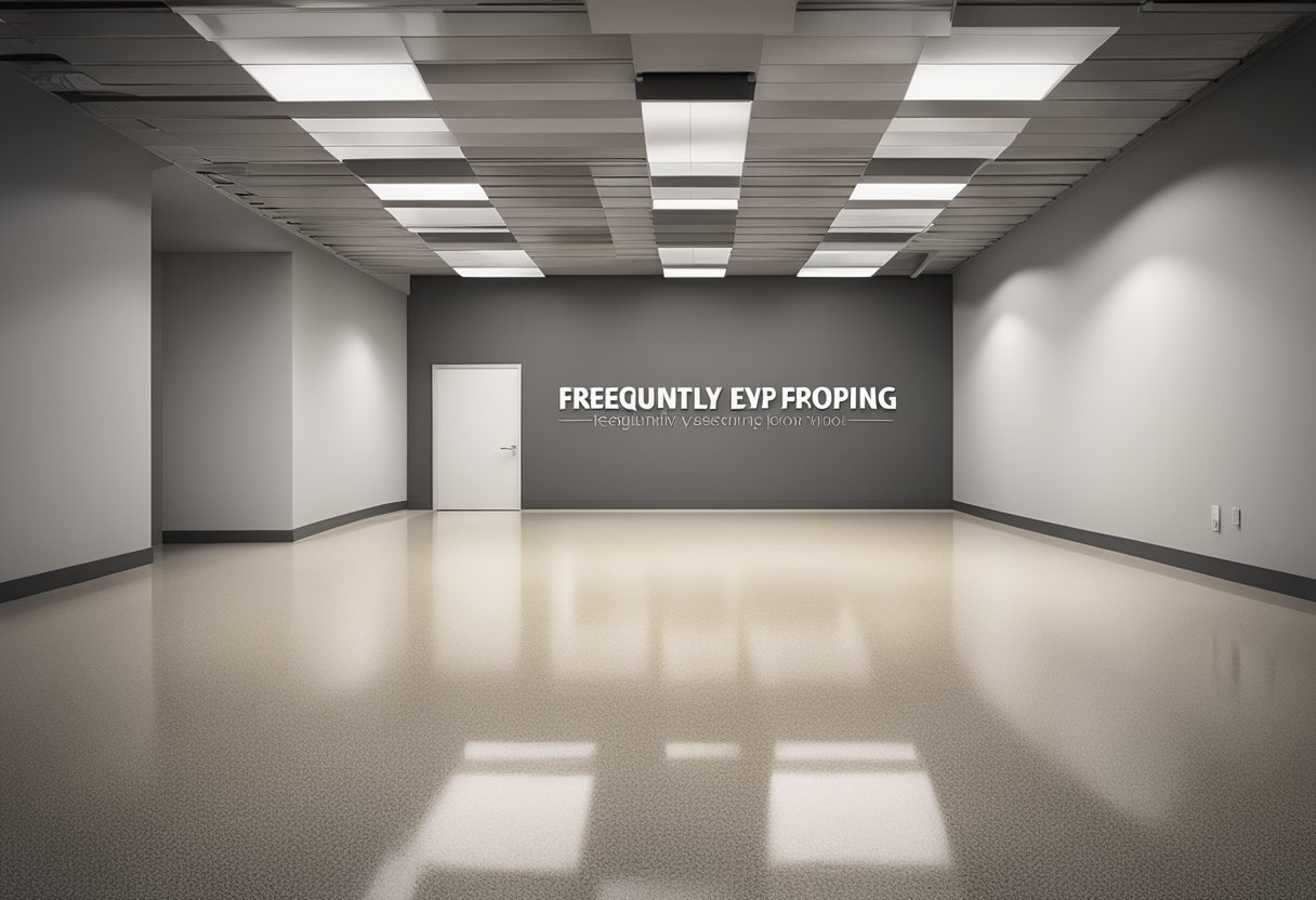 A spacious room with a glossy, seamless epoxy floor. A sign reading "Frequently Asked Questions Beechview Epoxy Flooring" is prominently displayed on the wall