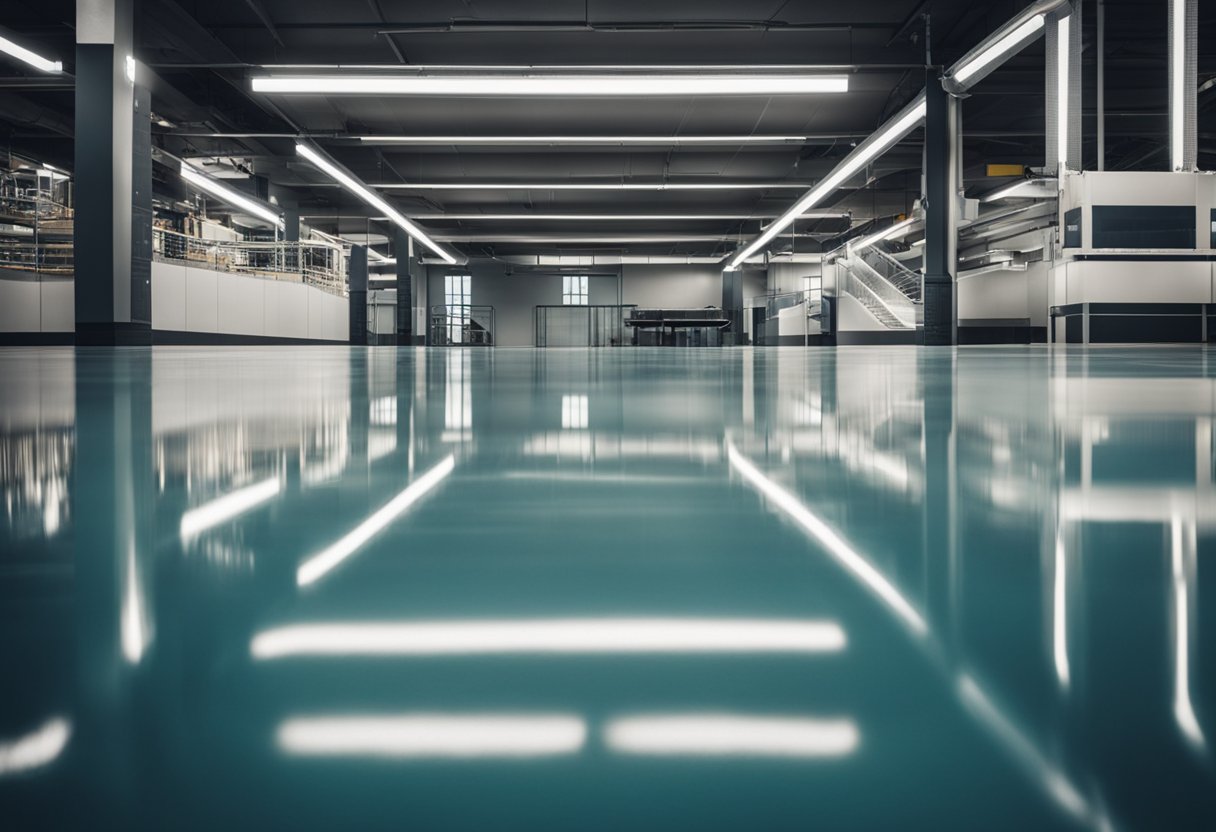 A smooth, glossy floor with a seamless finish, reflecting light in a modern industrial space