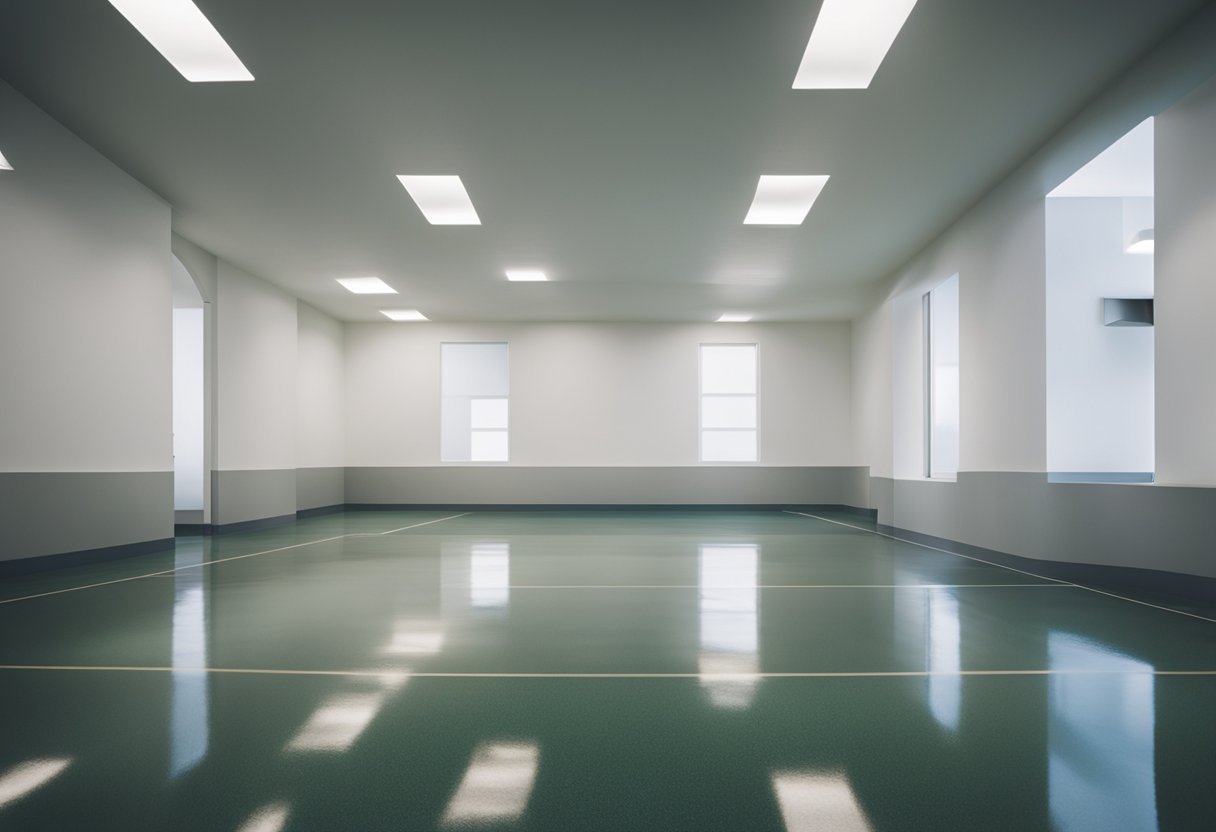 A smooth, glossy epoxy floor shines under bright lighting, with even texture and minimal imperfections. The surface is clean and free of debris, showcasing a professional and durable finish