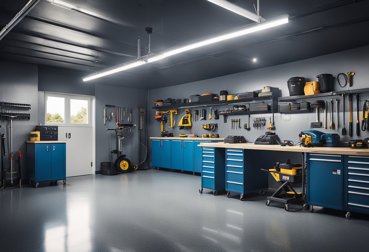 A spacious garage with a glossy, seamless epoxy floor. Tools and equipment neatly organized along the walls. Bright lighting highlights the smooth, durable surface