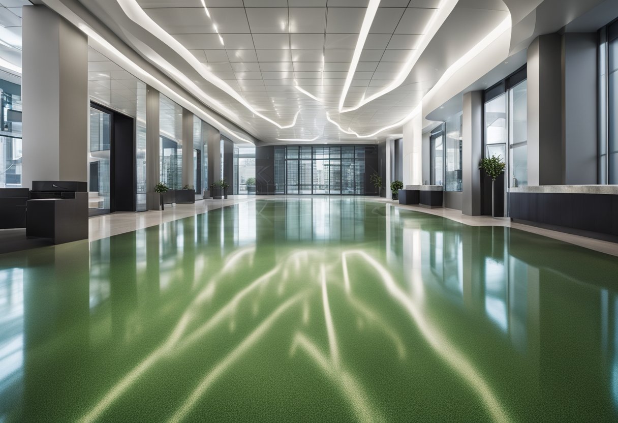 A sleek, modern epoxy flooring design featuring metallic accents and high-gloss finish. Multiple color options available