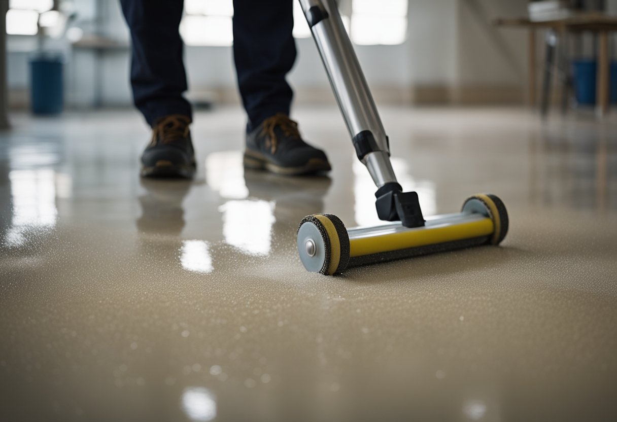 A person applying epoxy to a clean, dry floor using a roller, ensuring even coverage and avoiding air bubbles. Sanding and cleaning the floor beforehand is essential for a smooth finish