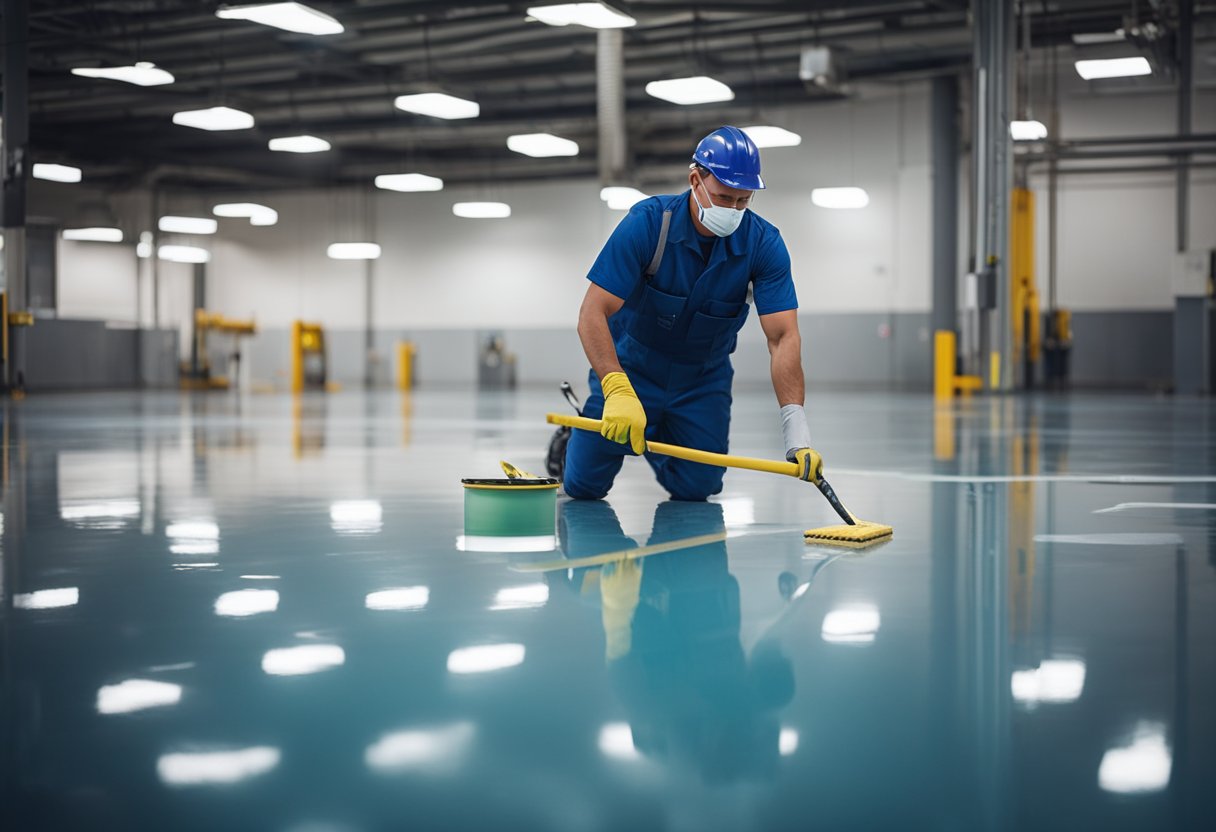 A maintenance worker applies a protective coating to a glossy epoxy floor, ensuring its durability and shine at Carrick Epoxy Flooring